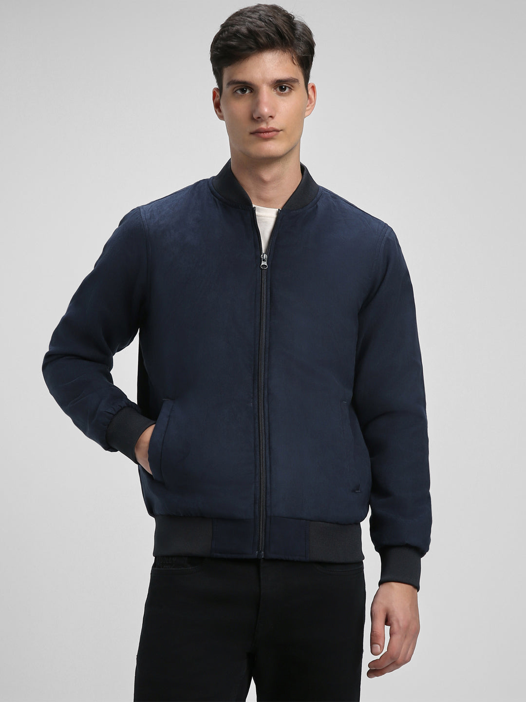 Jacket Without Hand Rib Men's Rib Collar Regular Fit Solid Navy Suede Bomber Jacket – DENNIS LINGO