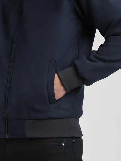 Men's Rib Collar Regular Fit Solid Navy Suede Bomber Jacket