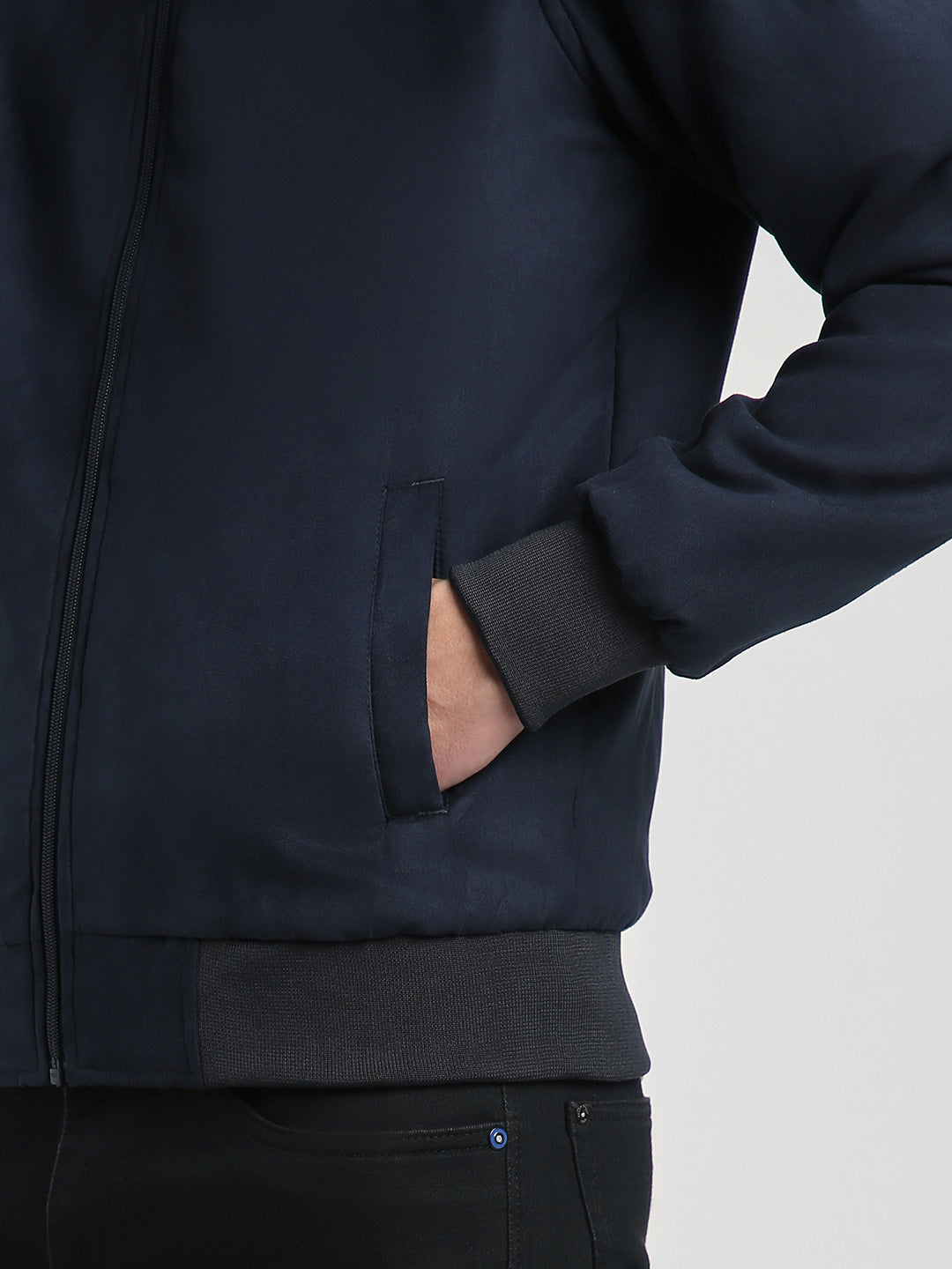 Dennis Lingo Men's Navy Solid Rib Collar Full Sleeve Light weight jacket Jackets