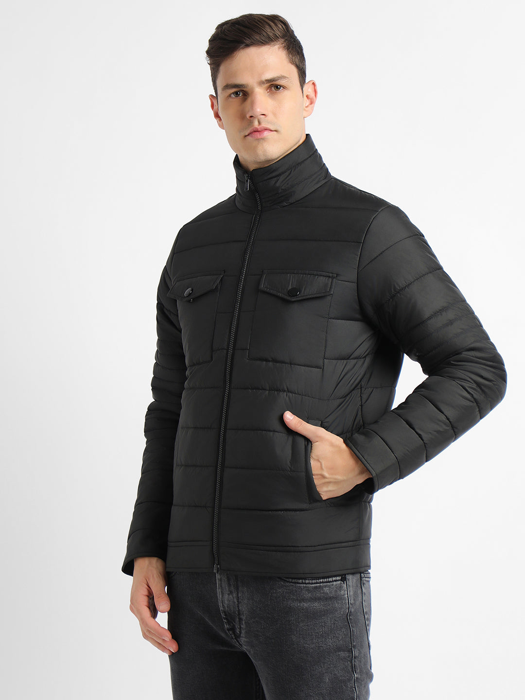 Dennis Lingo Men's Black Solid with patch pocket High Neck Full Sleeve Puffer W/O hood Jackets
