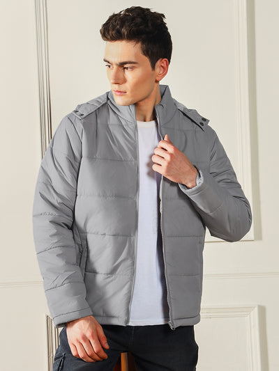Men's Hooded Regular Fit Solid Silver Jackets