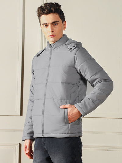 Men's Hooded Regular Fit Solid Silver Jackets