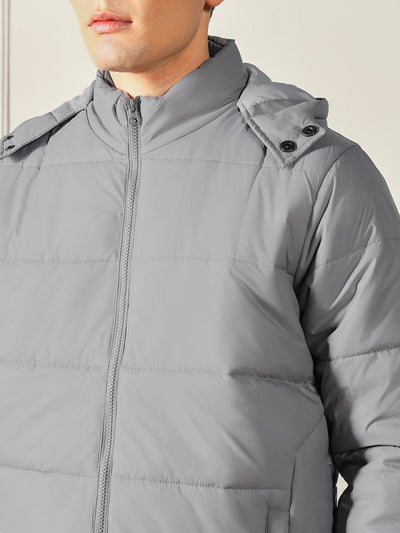 Men's Hooded Regular Fit Solid Silver Jackets