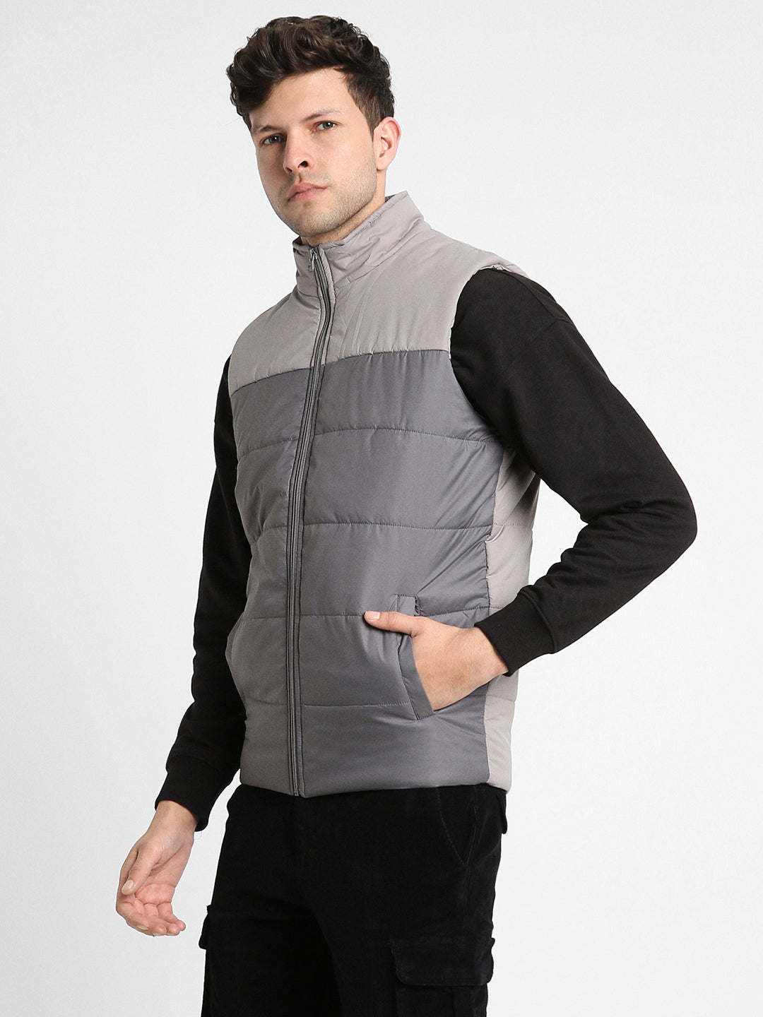 Dennis Lingo Men's Light Grey Colourblock Quilted High Neck Sleeveless Gillet Jackets