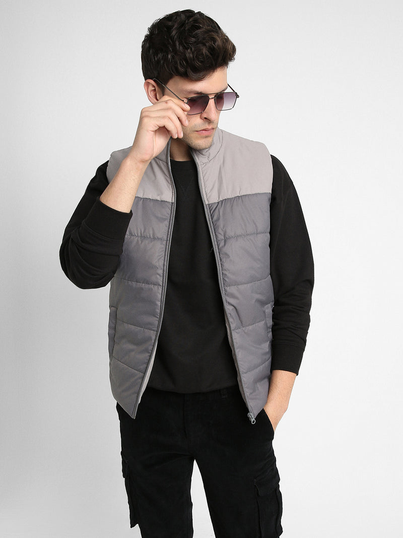 Dennis Lingo Men's Light Grey Colourblock Quilted High Neck Sleeveless Gillet Jackets