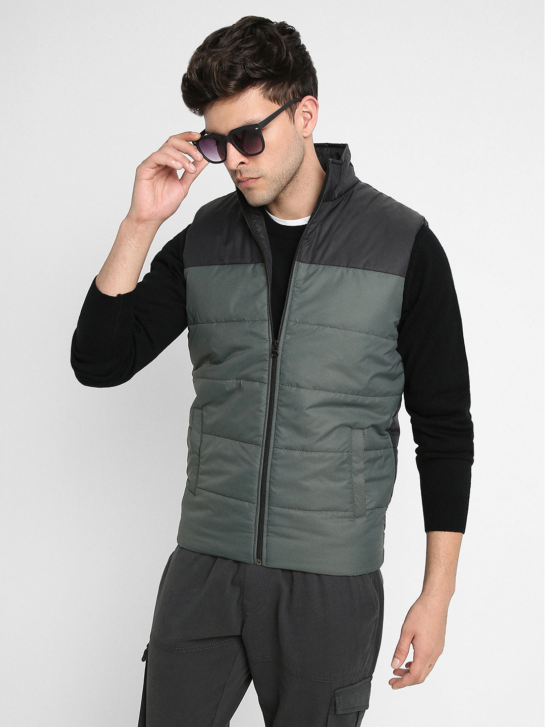 Dennis Lingo Men's Military Colourblock Quilted High Neck Sleeveless Gillet Jackets