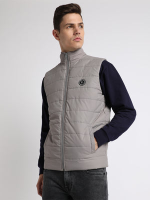 Men's High Neck Regular Fit Solid Quilted Light Grey Gilet Jacket