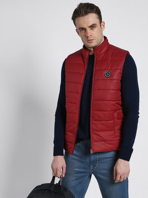 Men's High Neck Regular Fit Solid Quilted Barley Red Gilet Jacket