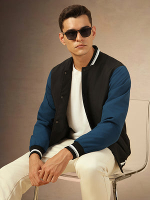 Men's Black & Blue Colourblocked Full Sleeves Rib Collar Bomber Jacket