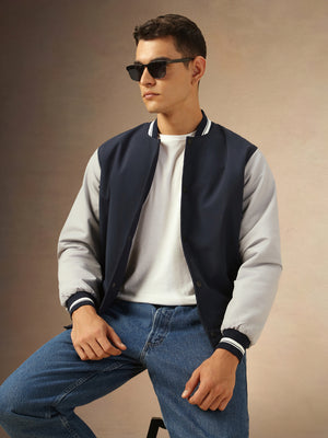 Men's Navy Blue Colourblocked Full Sleeves Rib Collar Bomber Jacket