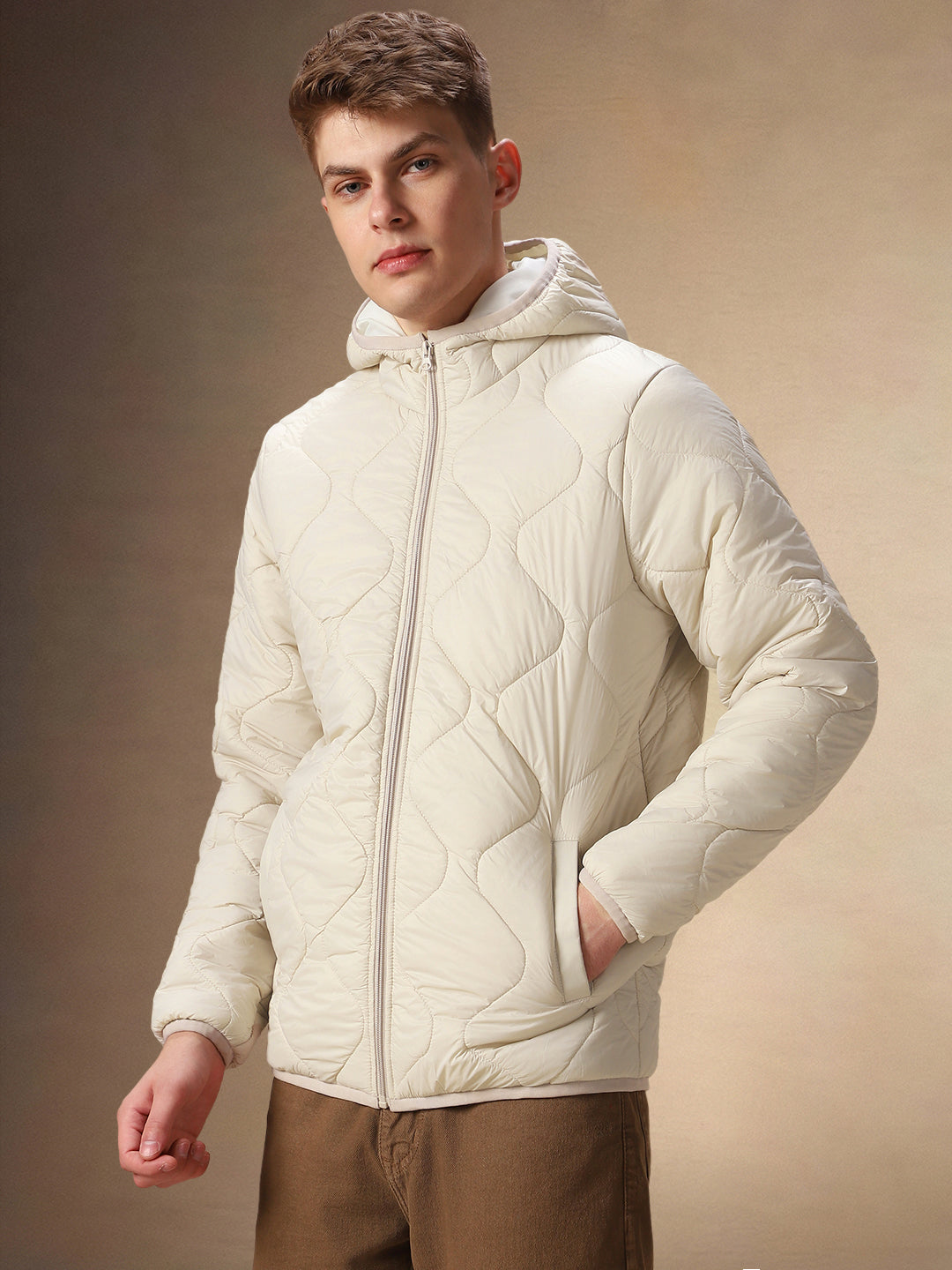 Men's Solid Beige Quilted Full Sleeves Hooded Puffer Jacket