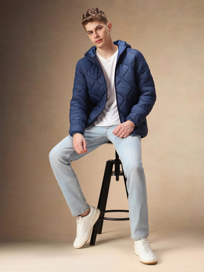 Men's Solid Navy Quilted Full Sleeves Hooded Puffer Jacket