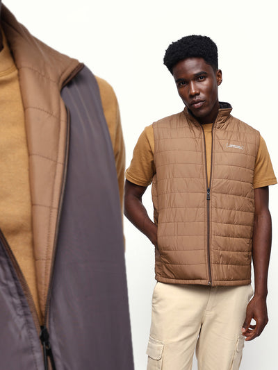 Men's Solid Mock Neck Sleeveless Reversible Gilet Jacket