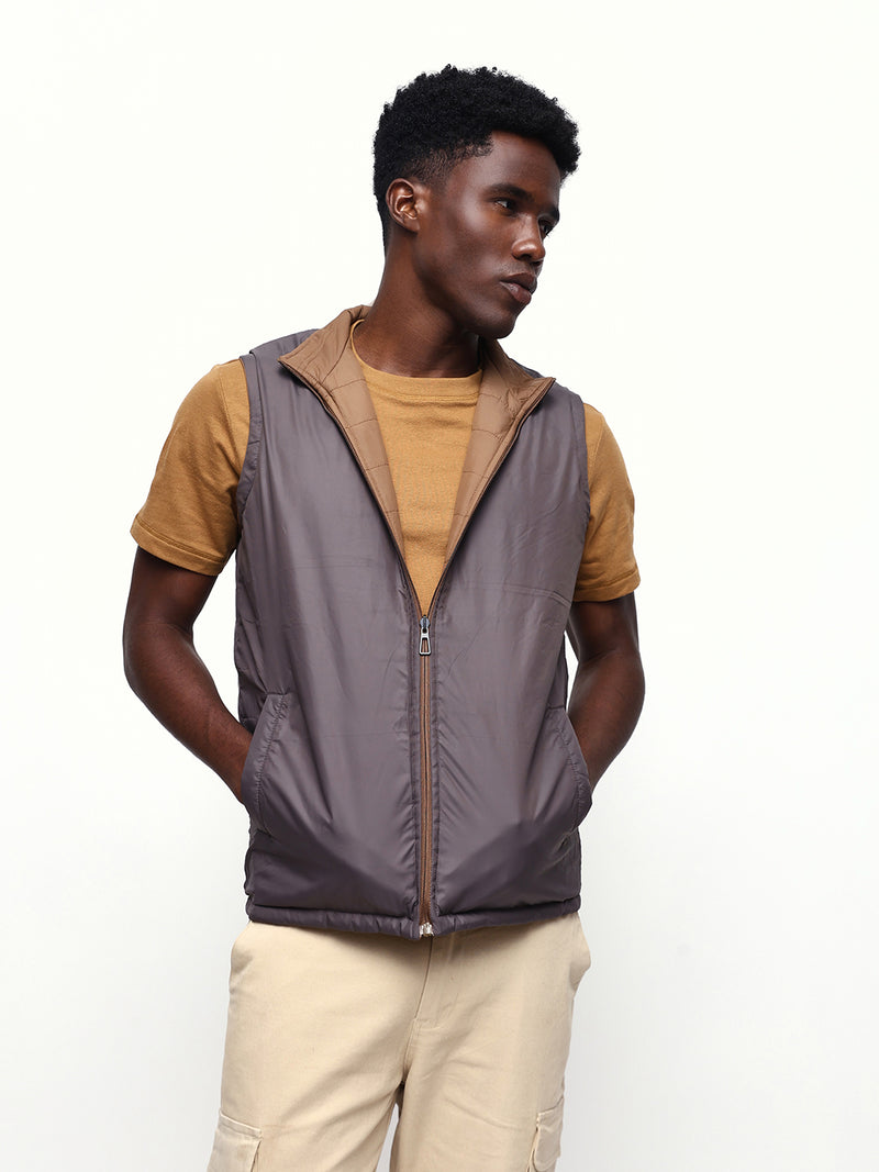 Men's Solid Mock Neck Sleeveless Reversible Gilet Jacket