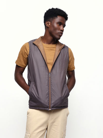 Men's Solid Mock Neck Sleeveless Reversible Gilet Jacket