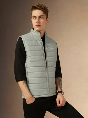 Men's Ash Grey Solid Mock Neck Sleeveless Regular Fit Reversible Gilet Jacket