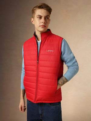 Men's Red Mock Neck Sleeveless Regular Fit Reversible Gilet Jacket
