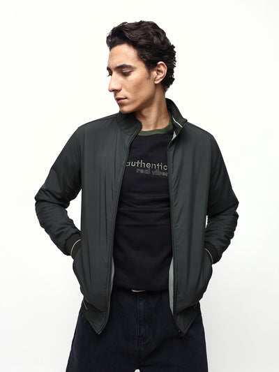 Men's Solid Mock Neck Full Sleeves Reversible Puffer Jacket