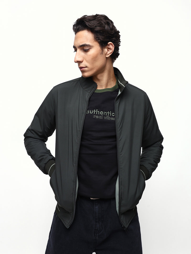 Men's Solid Mock Neck Full Sleeves Reversible Puffer Jacket