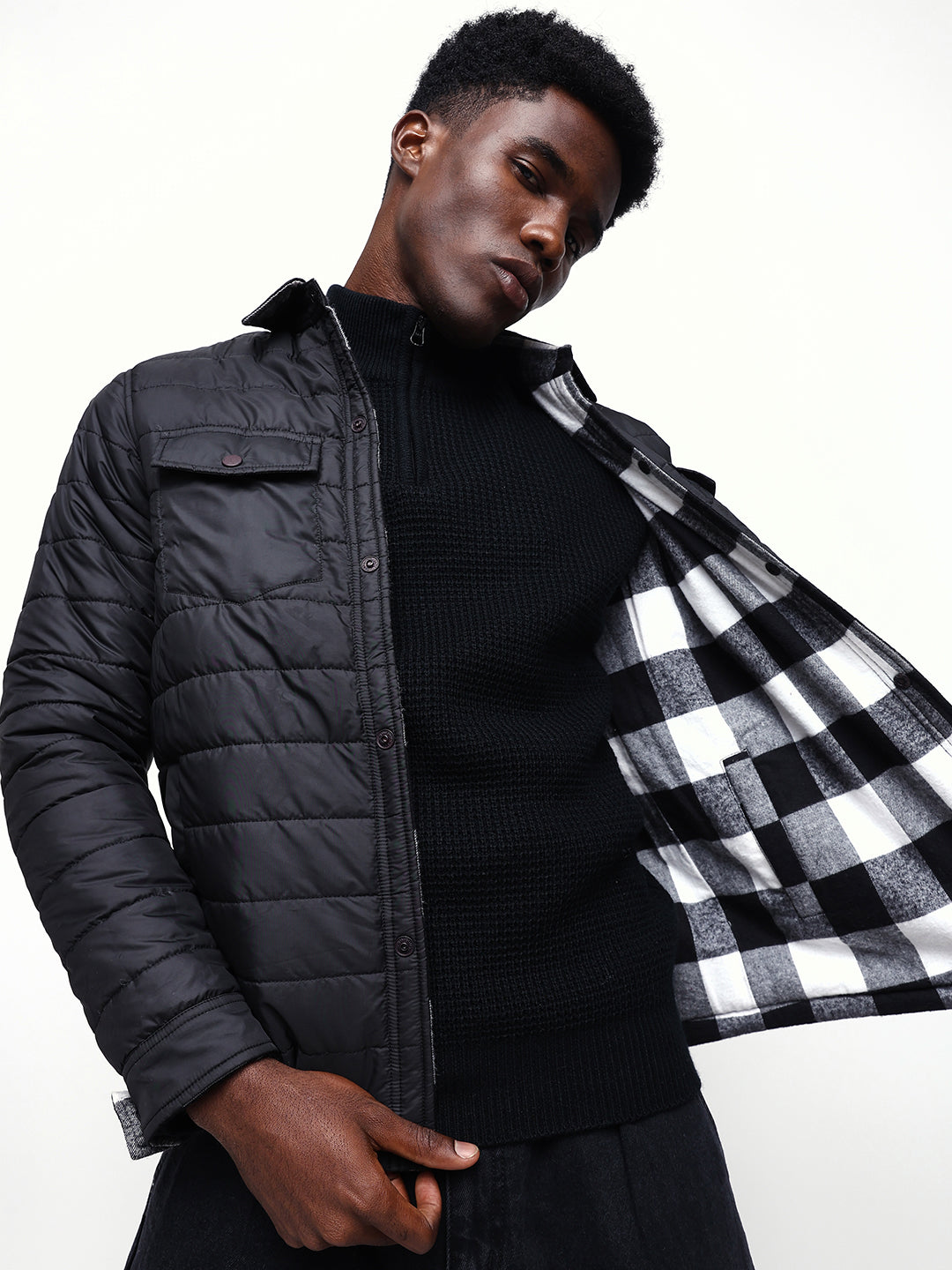 Men's Flannel Checks Spread Collar Full Sleeves Reversible Puffer Jacket