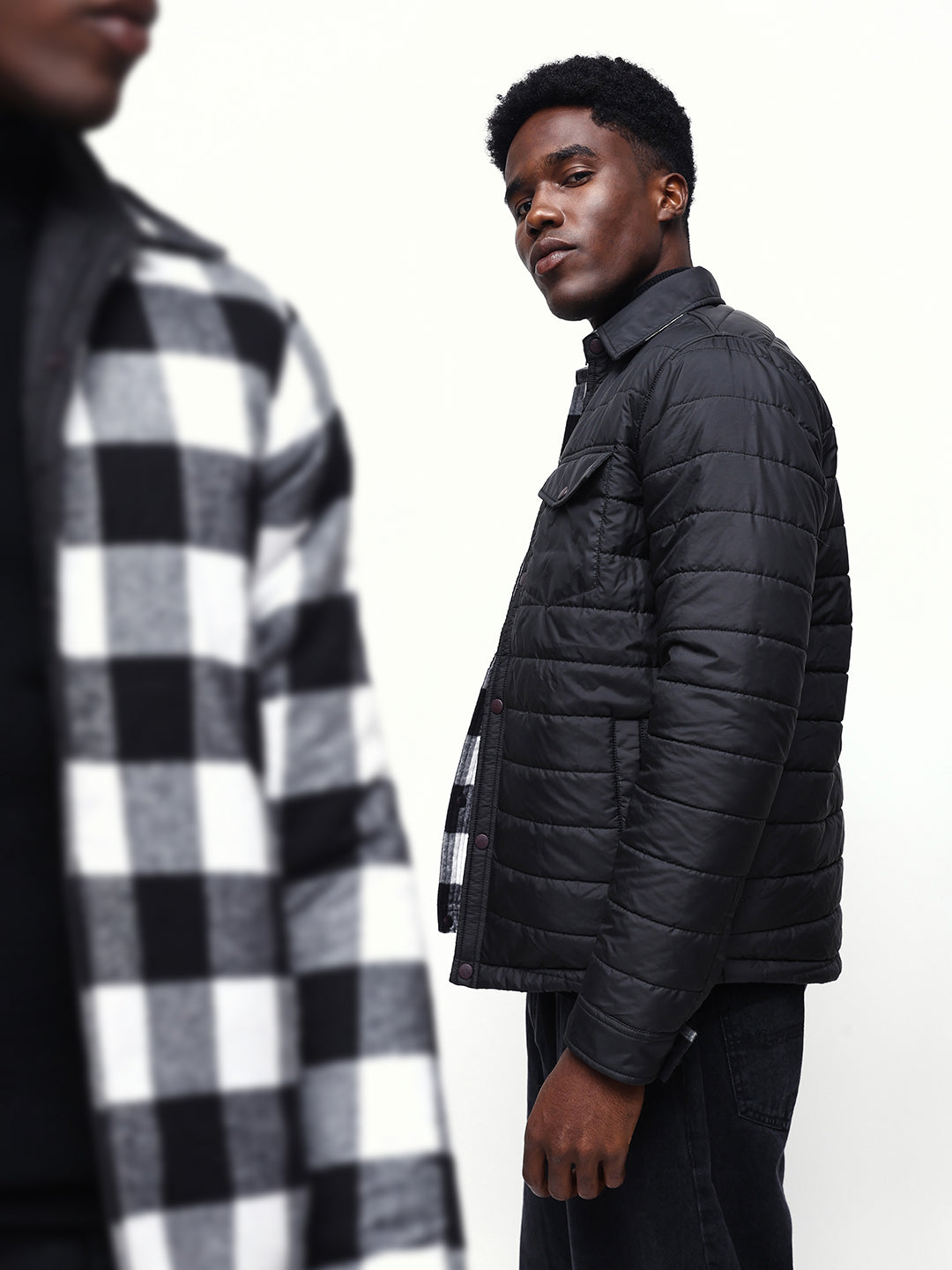 Men's Flannel Checks Spread Collar Full Sleeves Reversible Puffer Jacket