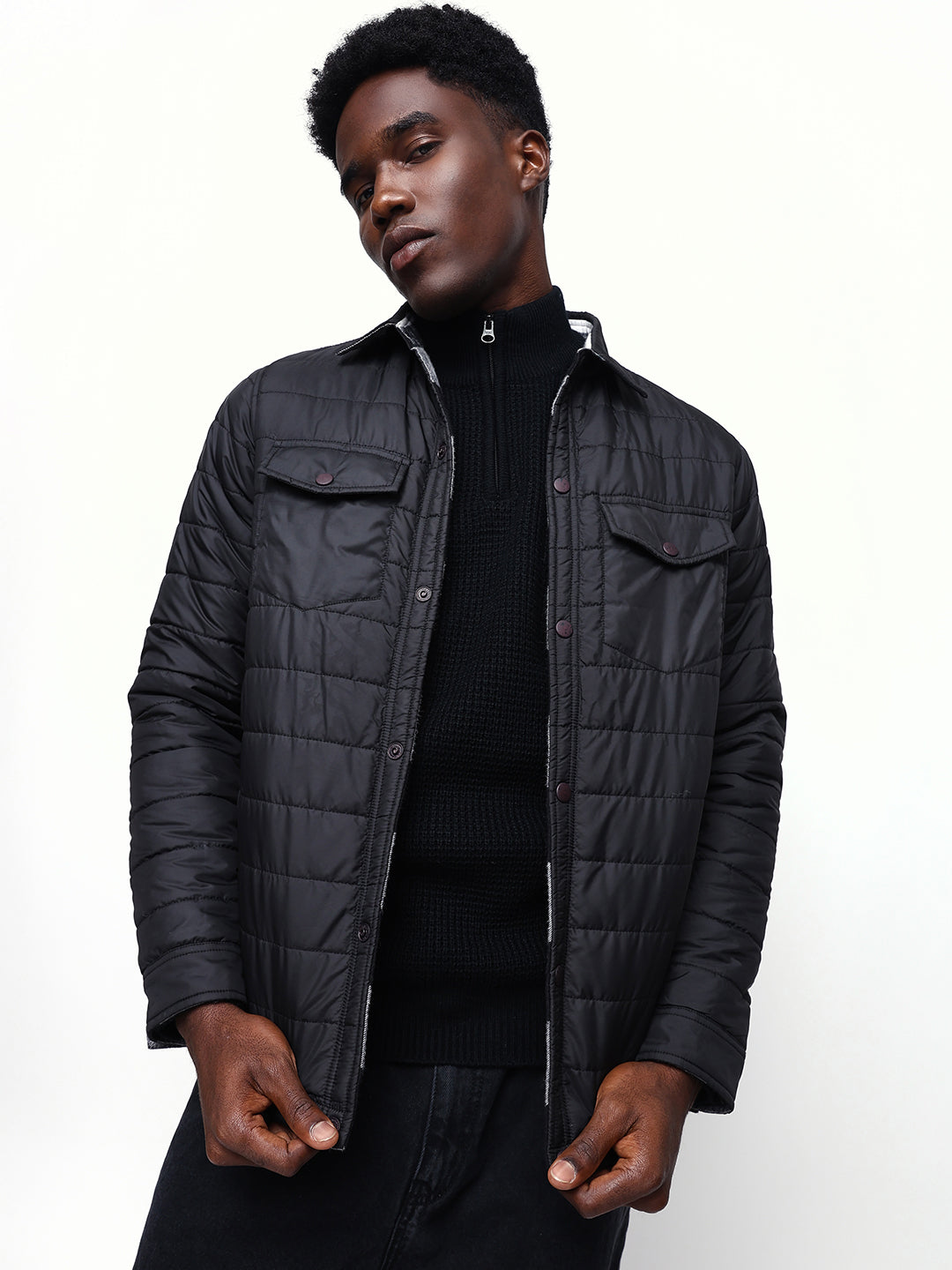 Men's Flannel Checks Spread Collar Full Sleeves Reversible Puffer Jacket