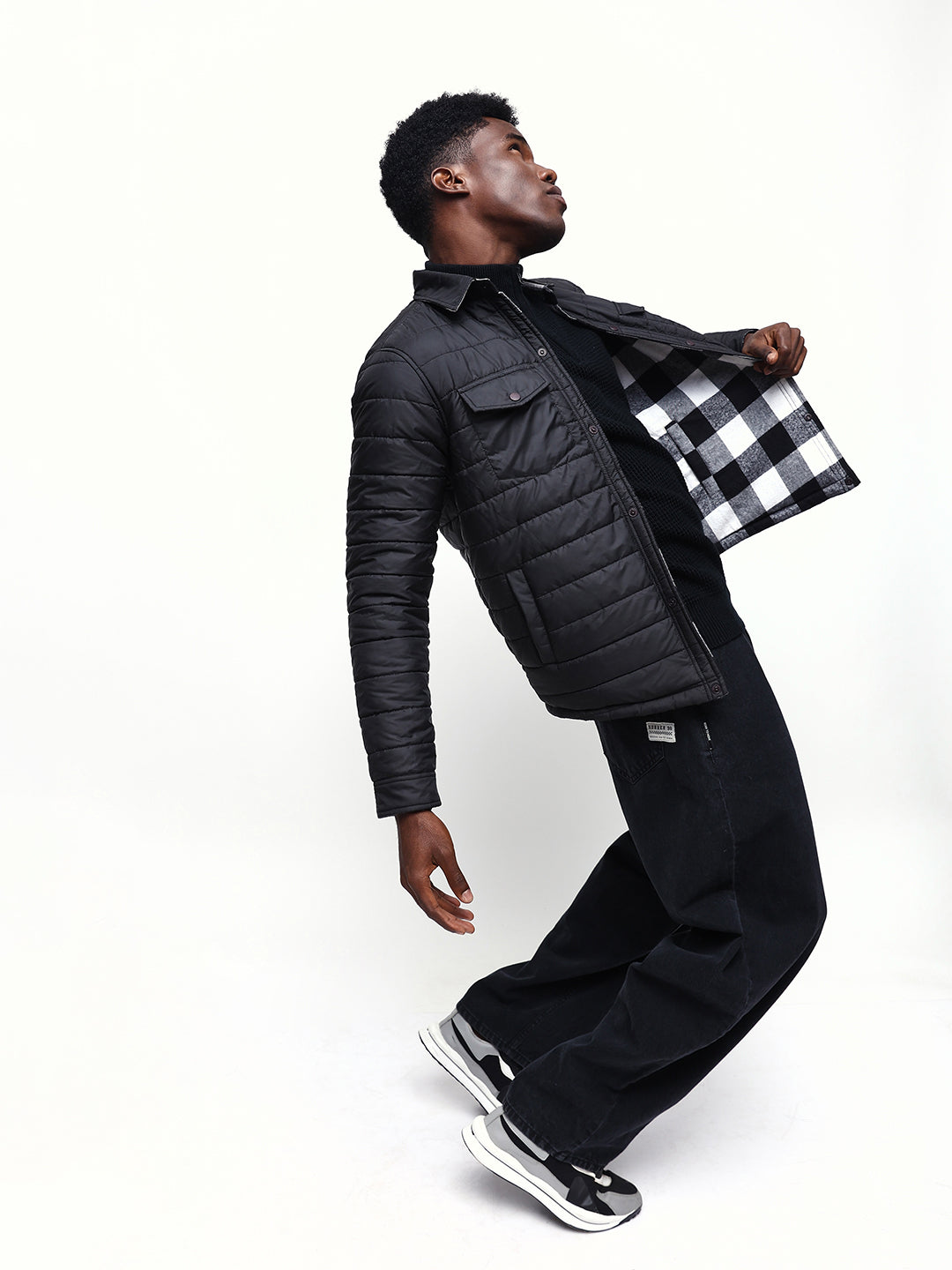 Men's Flannel Checks Spread Collar Full Sleeves Reversible Puffer Jacket