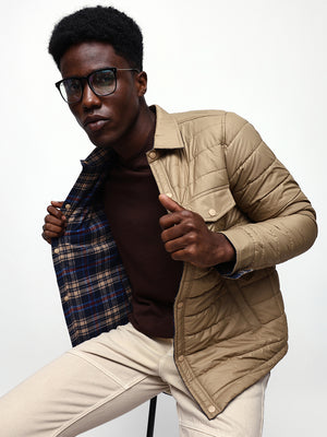 Men's Flannel Checks Spread Collar Full Sleeves Reversible Puffer Jacket