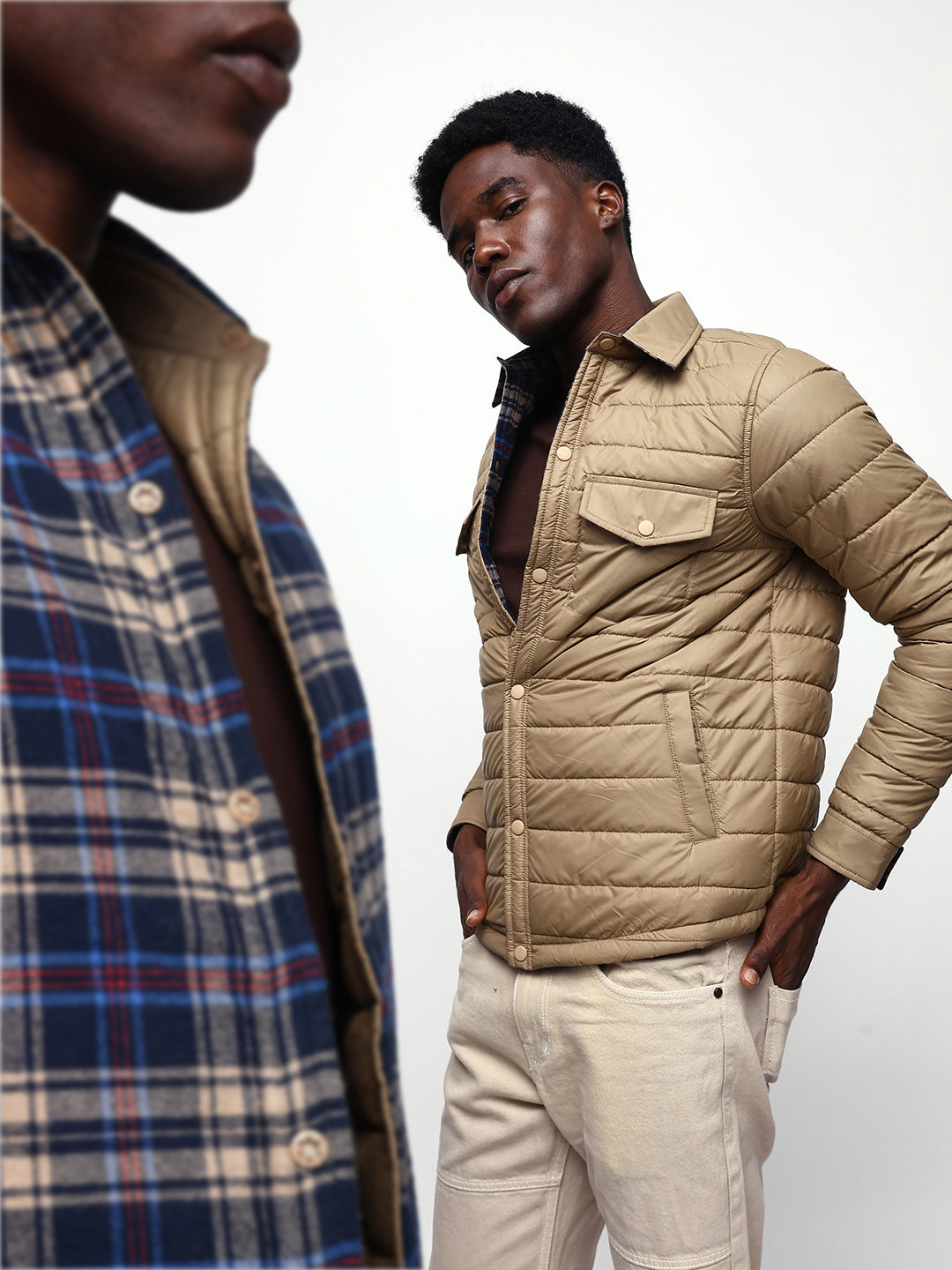 Men's Flannel Checks Spread Collar Full Sleeves Reversible Puffer Jacket