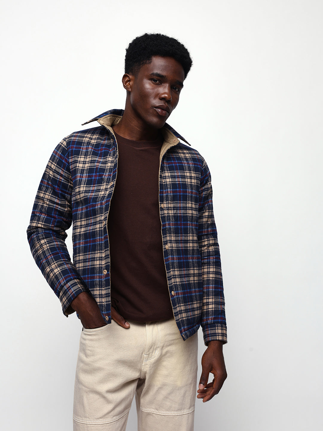 Men's Flannel Checks Spread Collar Full Sleeves Reversible Puffer Jacket