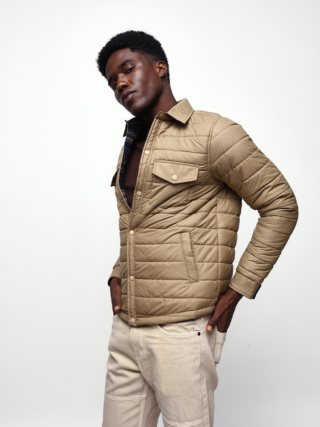 Men's Flannel Checks Spread Collar Full Sleeves Reversible Puffer Jacket