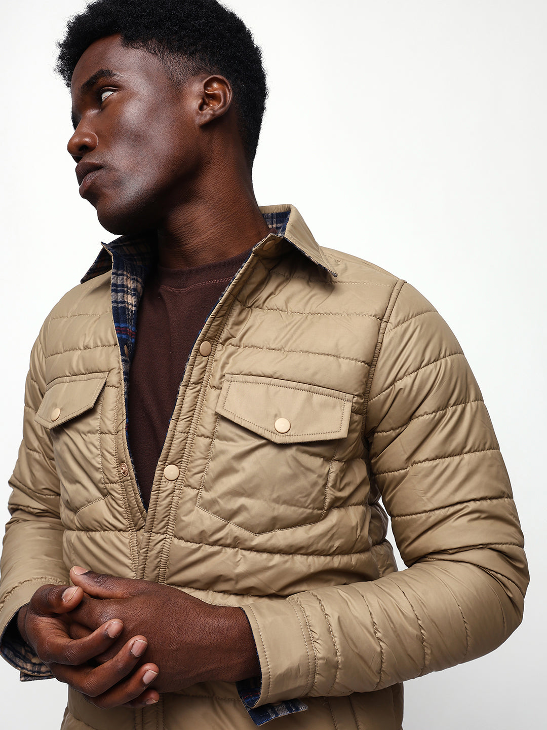 Men's Flannel Checks Spread Collar Full Sleeves Reversible Puffer Jacket