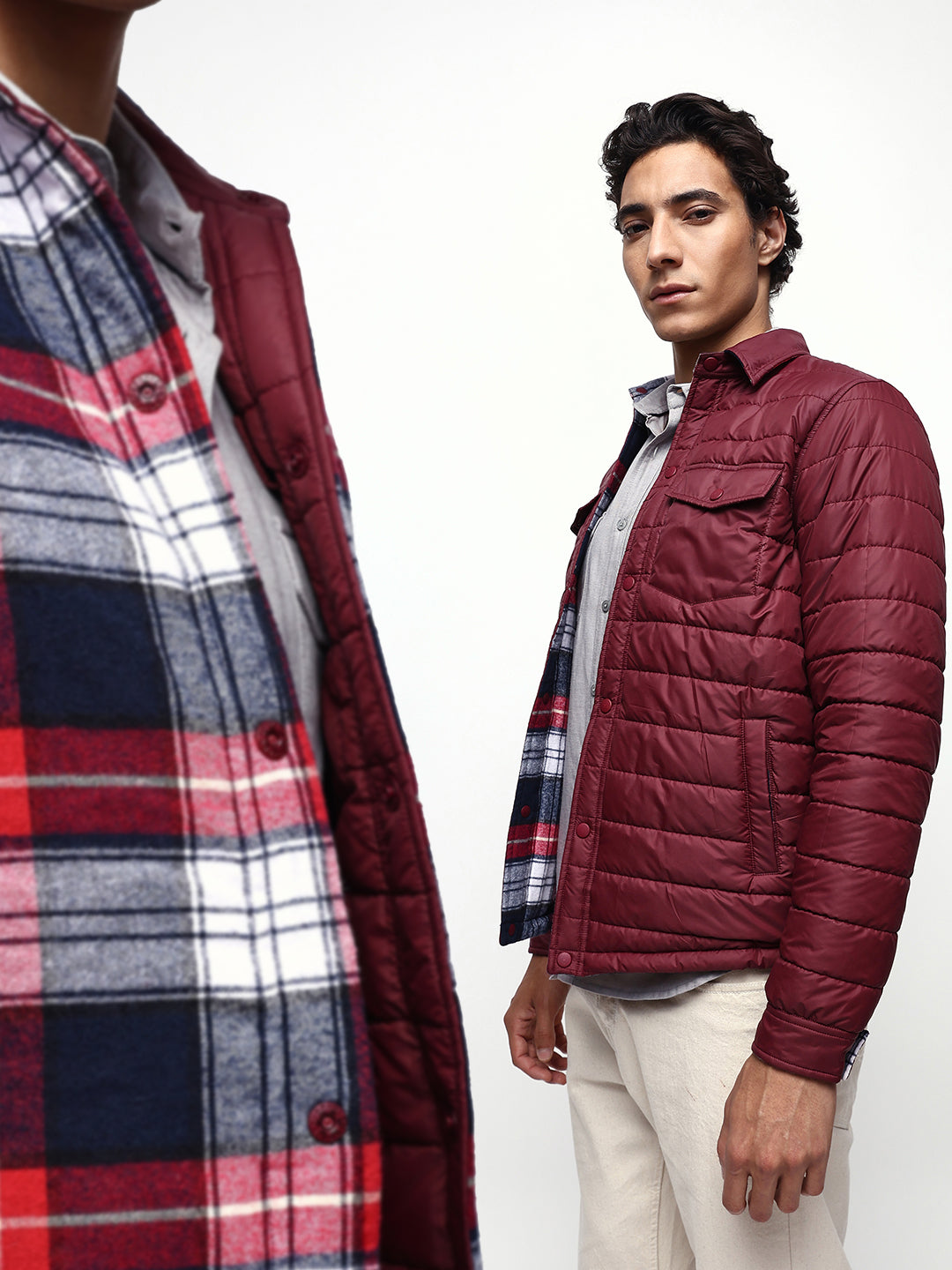 Men's Flannel Checks Spread Collar Full Sleeves Reversible Puffer Jacket