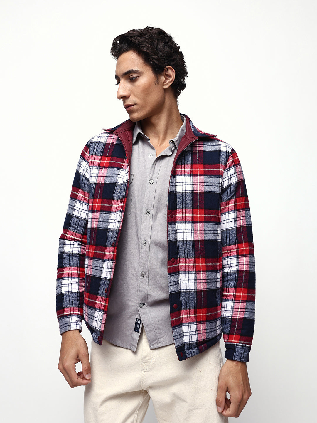 Men's Flannel Checks Spread Collar Full Sleeves Reversible Puffer Jacket