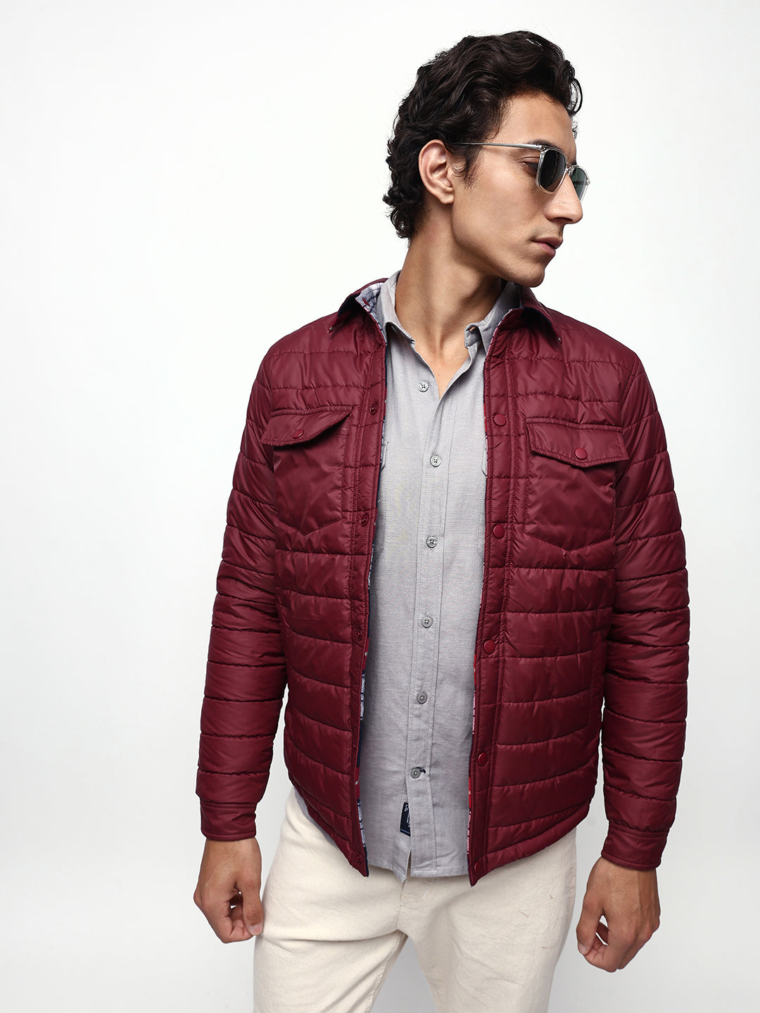 Men's Flannel Checks Spread Collar Full Sleeves Reversible Puffer Jacket