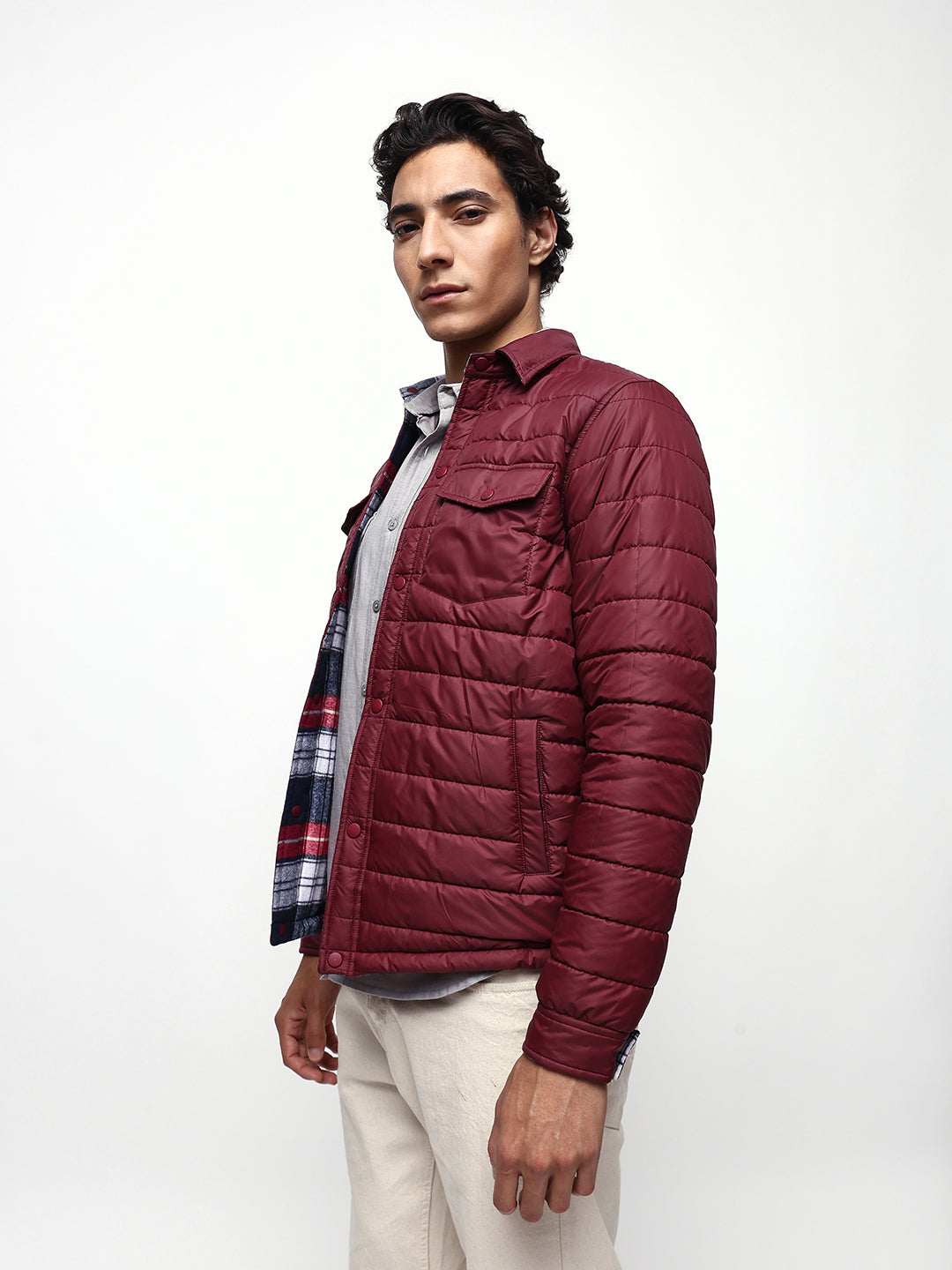 Men's Flannel Checks Spread Collar Full Sleeves Reversible Puffer Jacket