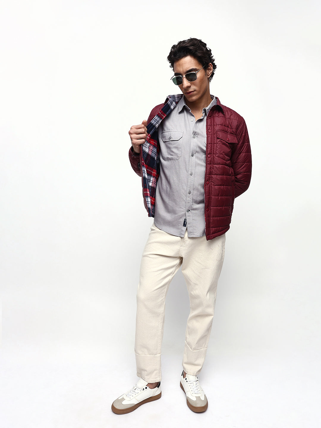 Men's Flannel Checks Spread Collar Full Sleeves Reversible Puffer Jacket