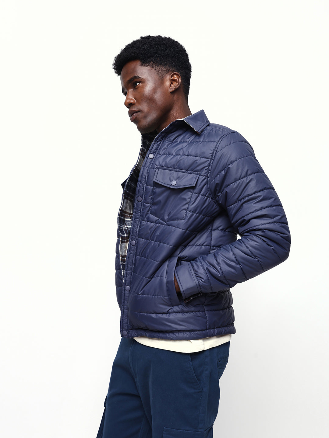 Men's Flannel Checks Spread Collar Full Sleeves Reversible Puffer Jacket