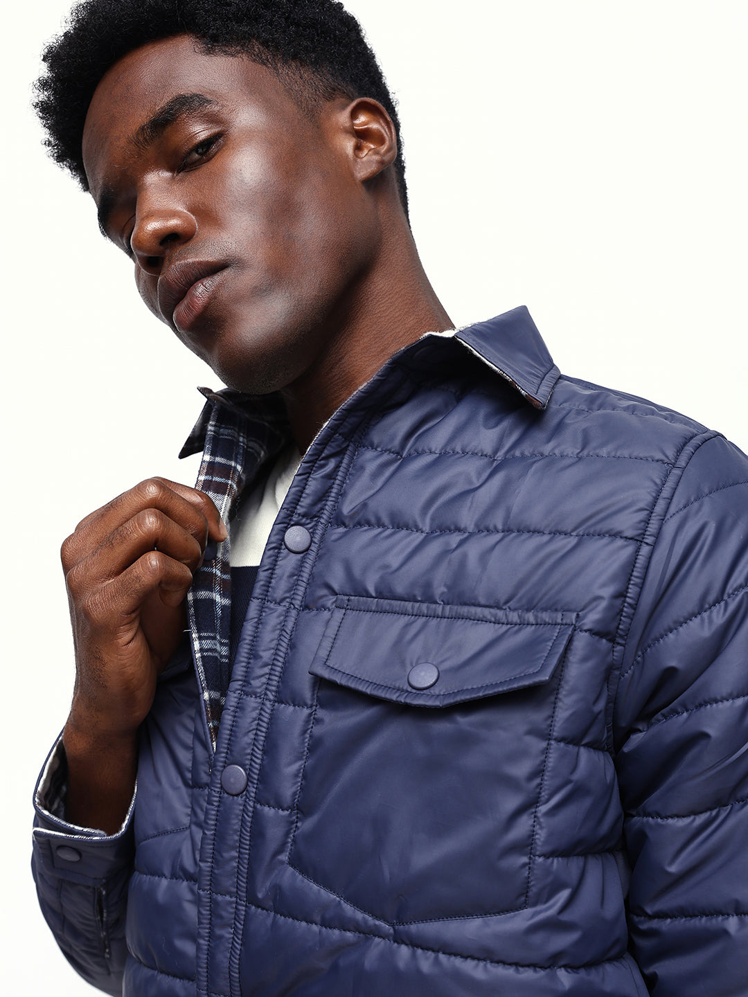 Men's Flannel Checks Spread Collar Full Sleeves Reversible Puffer Jacket