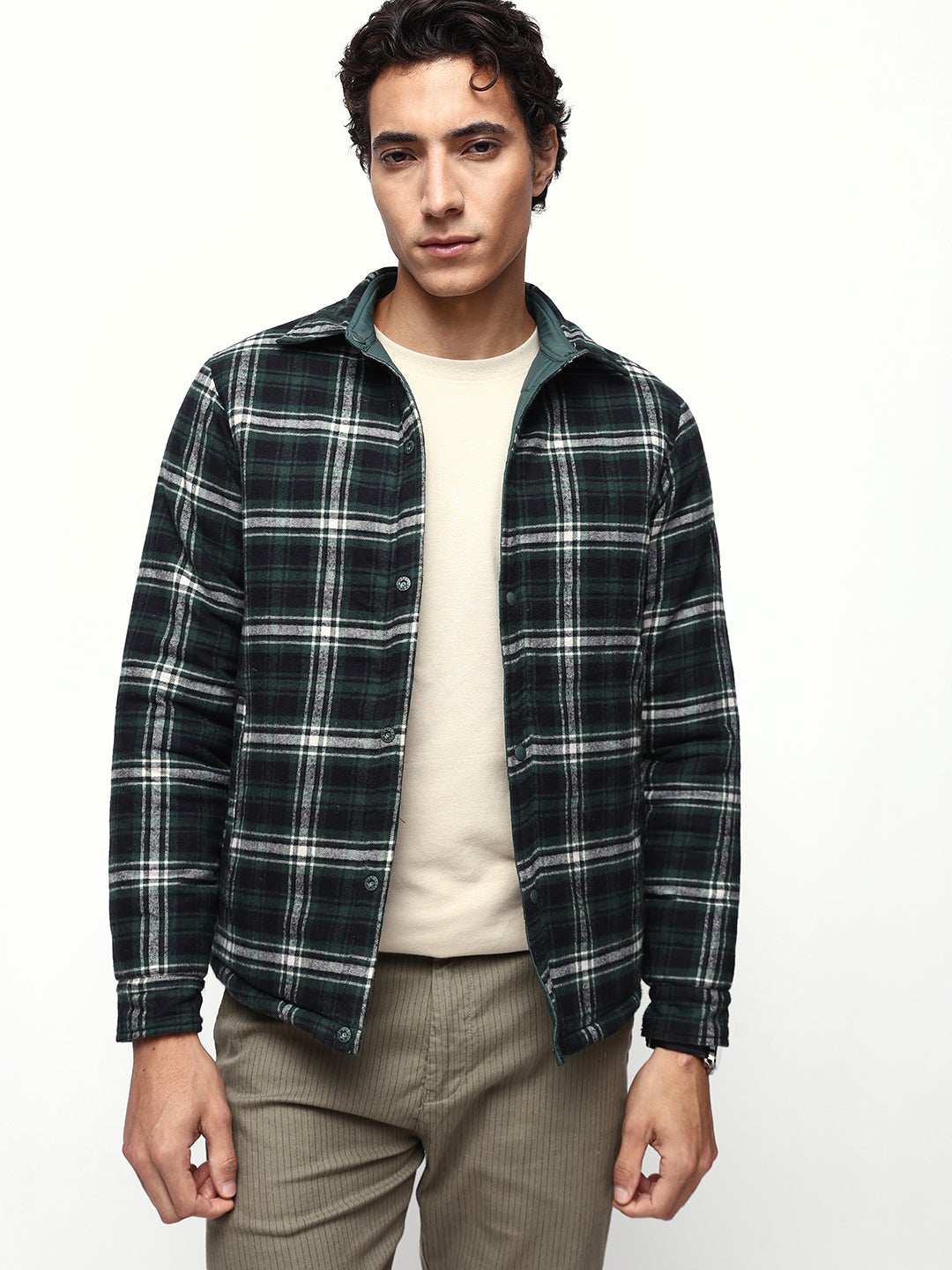 Men's Flannel Checks Spread Collar Full Sleeves Reversible Puffer Jacket