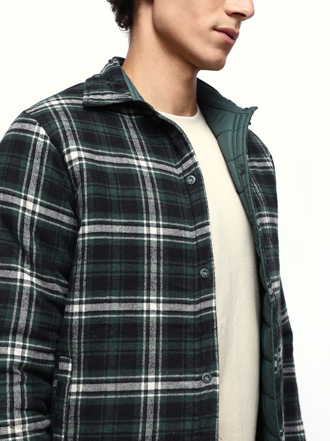 Men's Flannel Checks Spread Collar Full Sleeves Reversible Puffer Jacket