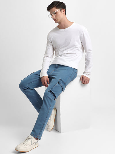 Men's Straight Cargo Fit Washed Indigo Stretchable Jeans