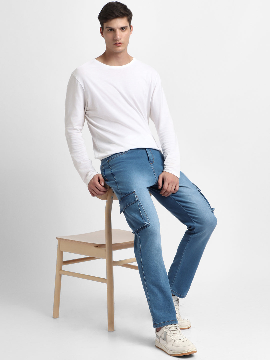 Men's Straight Cargo Fit Washed Indigo Stretchable Jeans
