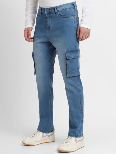 Men's Straight Cargo Fit Washed Indigo Stretchable Jeans