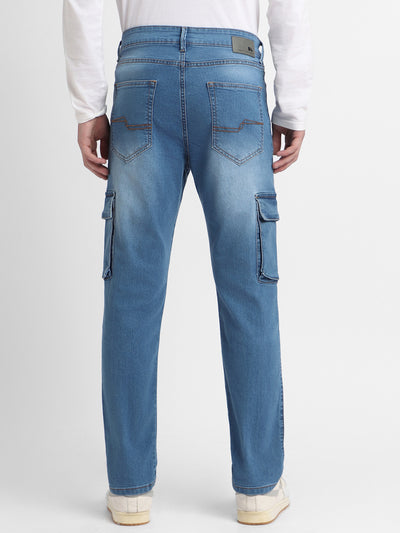 Men's Straight Cargo Fit Washed Indigo Stretchable Jeans