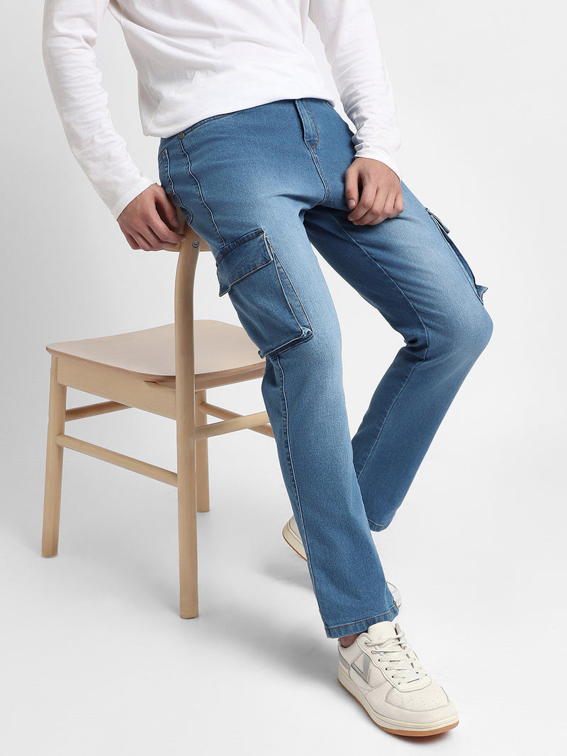Dennis Lingo Men's Straight Cargo Fit Washed Indigo Stretchable Jeans