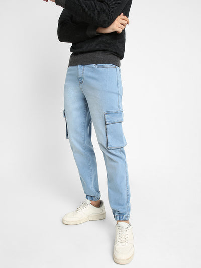 Men's Cargo Jogger Fit Washed Indigo Stretchable Jeans