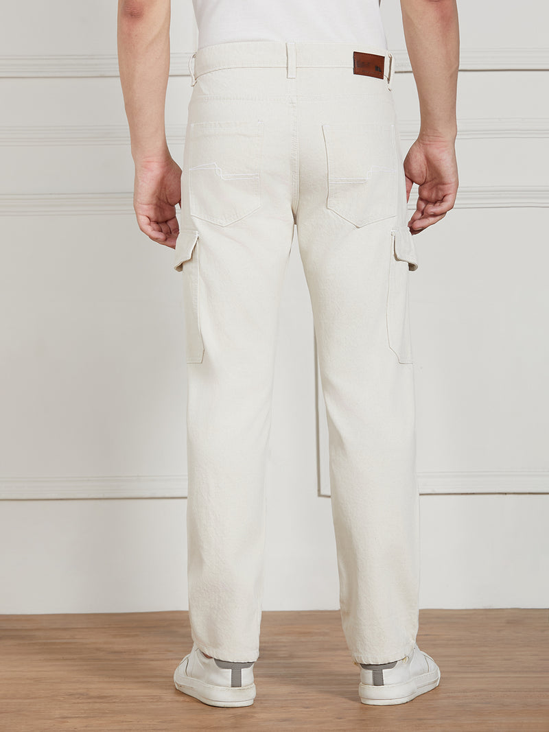Men's Ecru Cotton Solid Relaxed fit Jeans