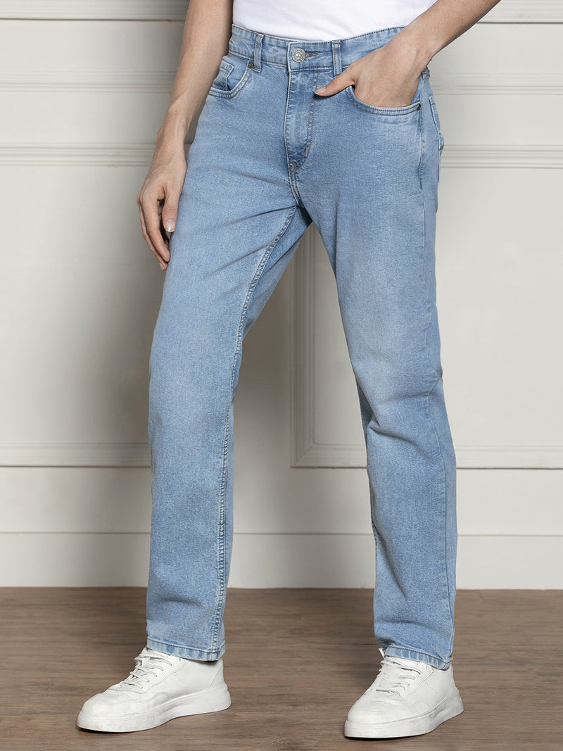Men's Light Blue Relaxed Fit Light Fade Stretchable Jeans