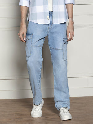 Men's Light Blue Relaxed Fit Light Fade Stretchable Jeans
